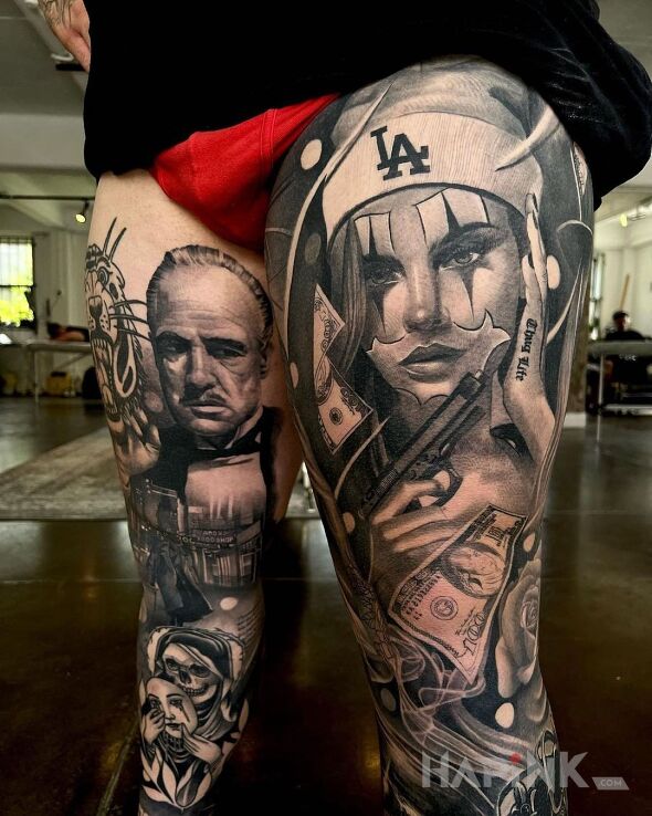 Tattoo Dona Vito to ty szanuj in faces motif and chicano style on the leg