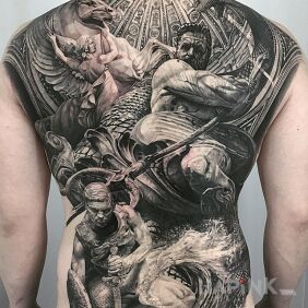 Tattoo Poseidon and other characters on the back motif: characters style: realistic