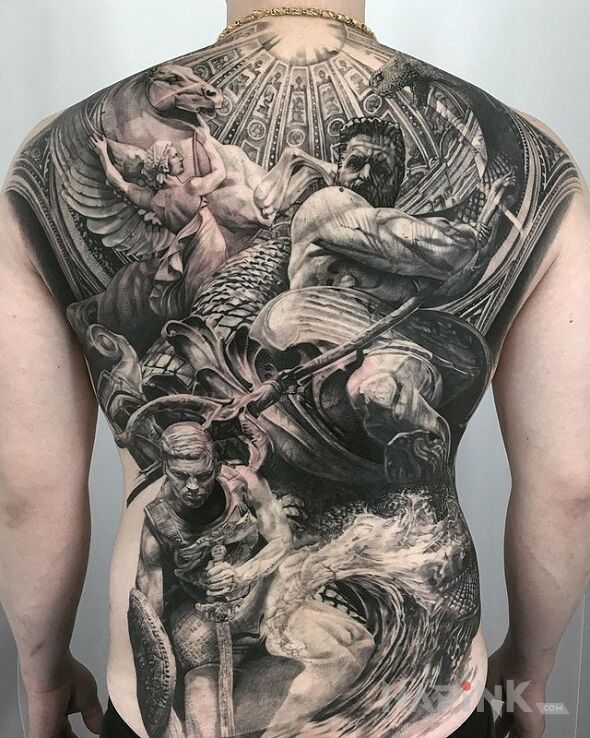 Tattoo Posejdon i inne postacie in 3D motif and realistic style on the back