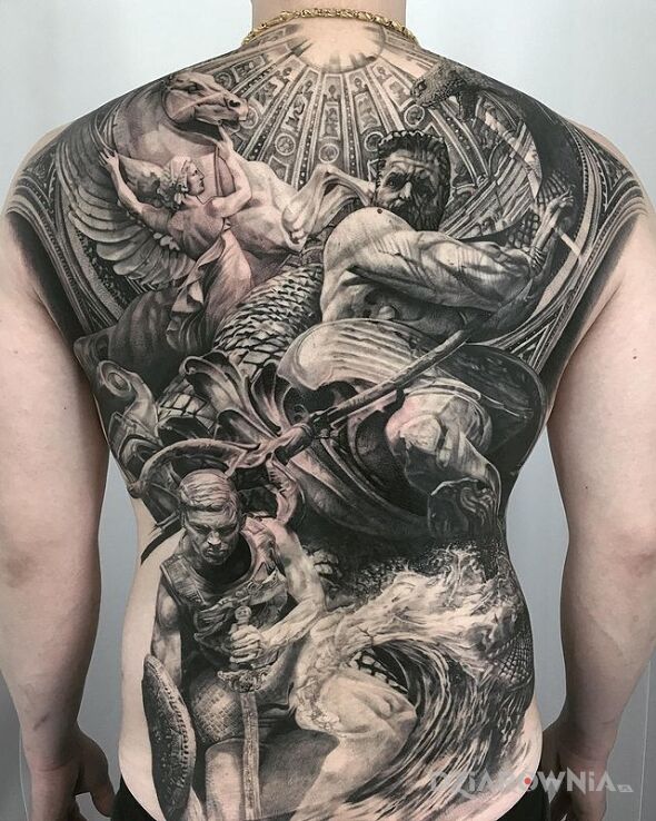 Tatuaż posejdon i inne postacie w motywie postacie i stylu realistyczne na plecach