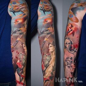 Tattoo Second war on the forearm motif: war style: realistic