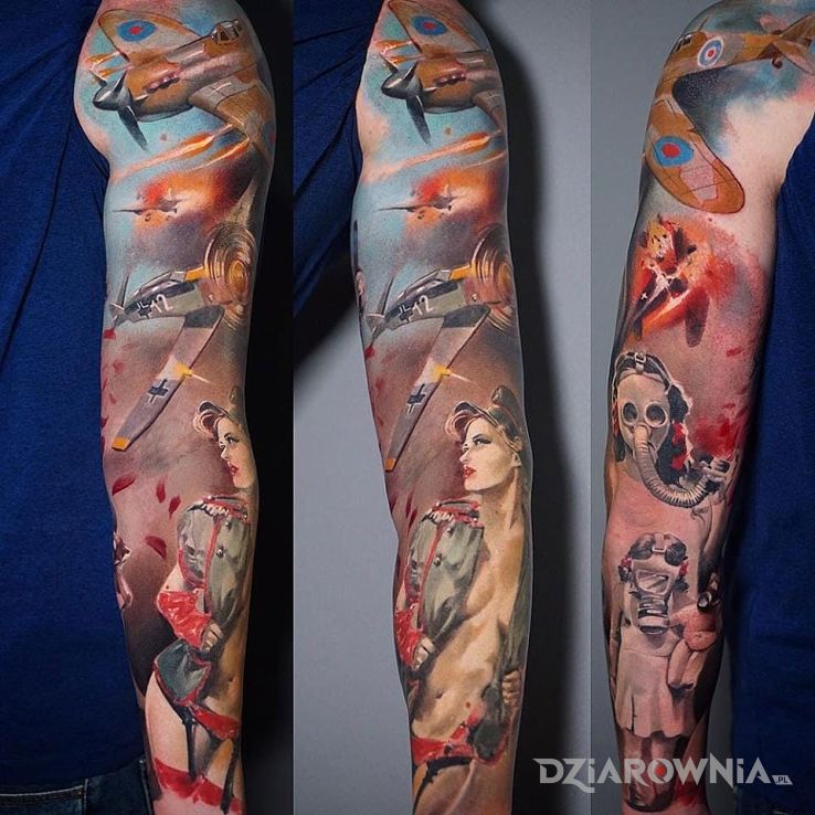 Tatuaż druga wojna w motywie rękawy i stylu realistyczne na przedramieniu