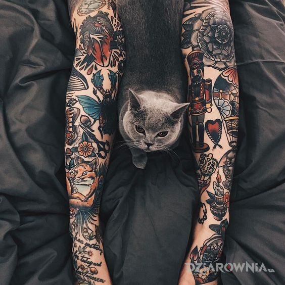 Tatuaż kociamber w motywie kwiaty i stylu oldschool na nodze