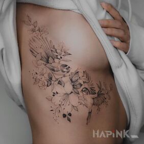 Tattoo Two birds cooing on the ribs motif: black and gray style: graphic / illustrative