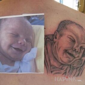 Tattoo Wonder child on the back motif: failed style: realistic