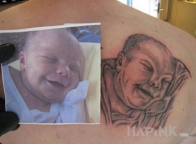 Tattoo Cudowne dziecko in black and gray motif and realistic style on the back