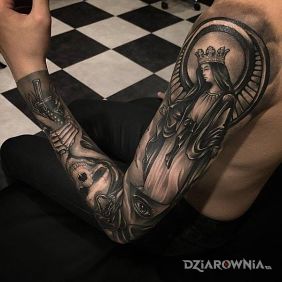 Tatuaż Ave Maryja na przedramieniu motyw: rękawy