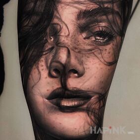Tattoo Thick hair falling over the face on the forearm motif: 3D style: realistic