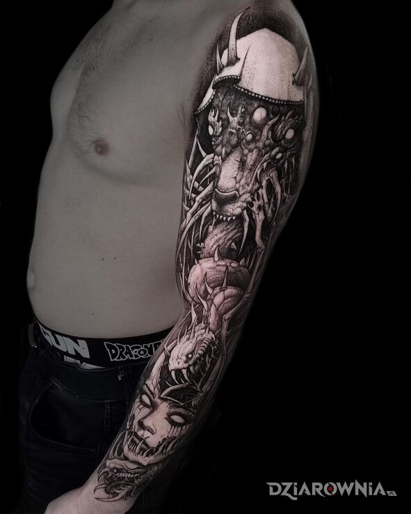 Tatuaż demoniczne nasienie w motywie czarno-szare i stylu graficzne / ilustracyjne na ręce