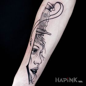 Tattoo Knife / Woman / Face On the arm motif: objects style: graphic / illustrative