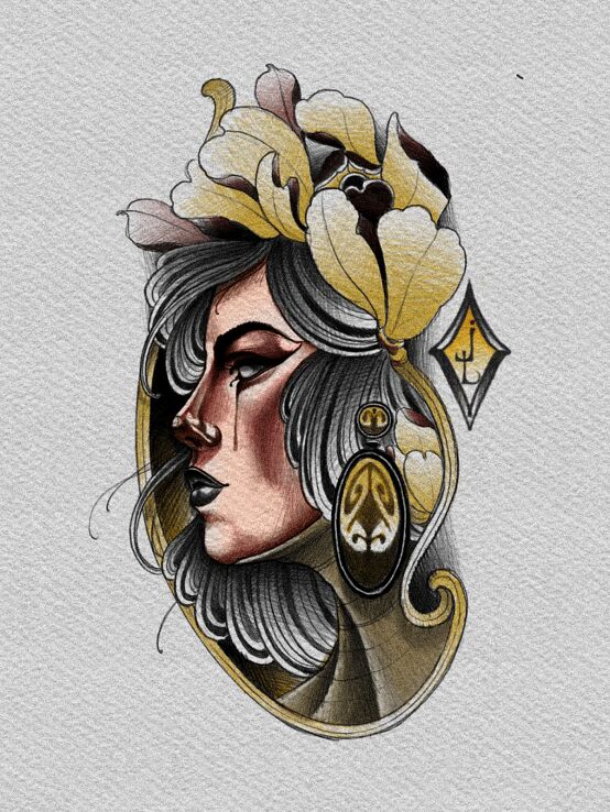 Wzór kobieta  twarz  liście  ornamenty - neotradycyjne