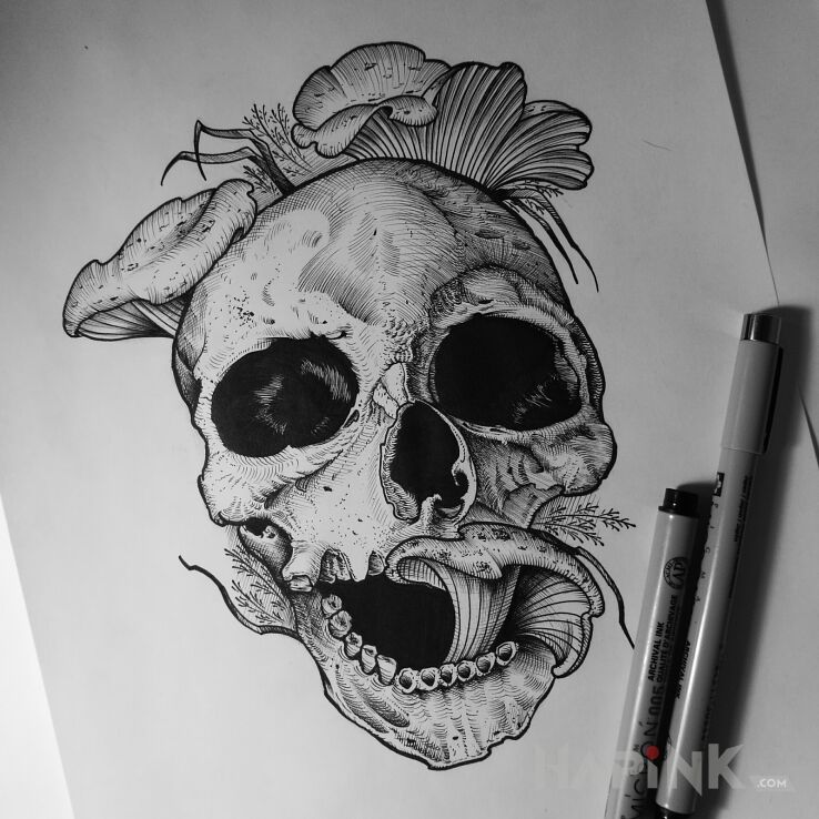 Designs czaszka  grzyby - dotwork