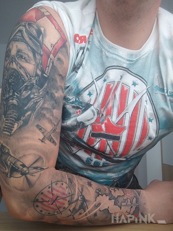 Tattoo POLISH 303 SQUADRON in war motif and realistic style on the upper arm