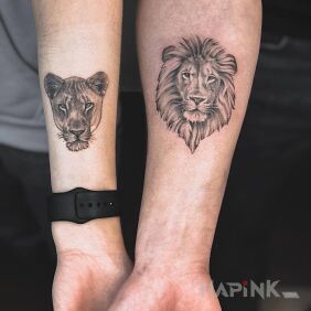 Tattoo Lion family on the forearm motif: black and gray style: realistic