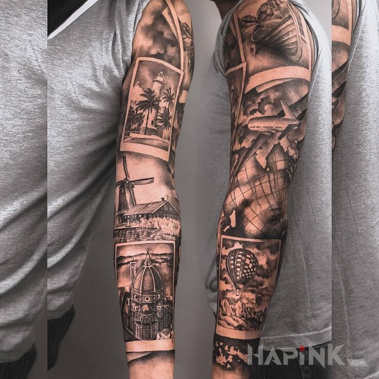 Tattoo Rękaw in black and gray motif and realistic style on the upper arm