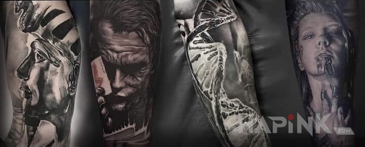 Tattoo Fragmenty rękawa in black and gray motif and realistic style on the forearm