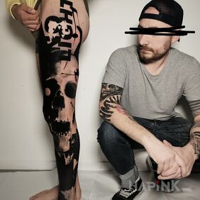 Tattoo Deep black on the leg motif: skulls style: blackwork / blackout