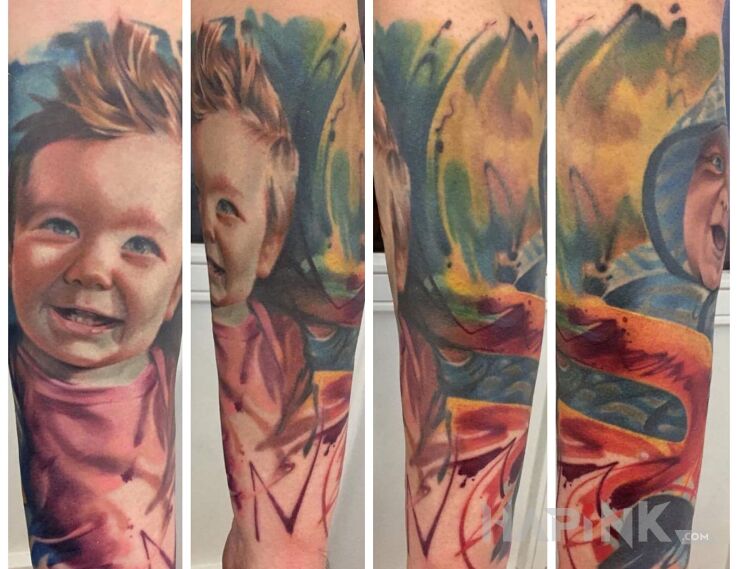 Tattoo Dzieciaki 1/2 in characters motif on the forearm