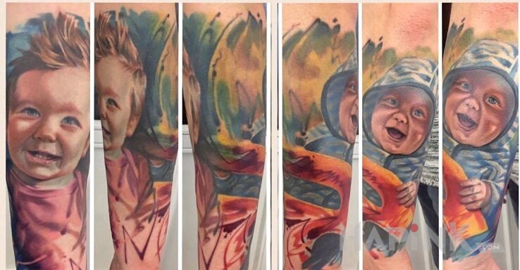 Tattoo Dzieciaki in faces motif on the forearm