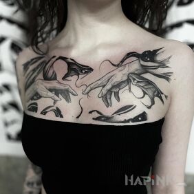 Tattoo The Creation of Adam in Licho's interpretation on the collarbone motif: animals style: graphic / illustrative