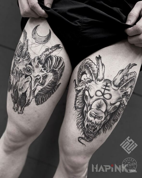 Tattoo Kozły od Sillou in black and gray motif and graphic / illustrative style on the thigh