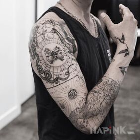 Tattoo Remix On the arm motif: faces style: graphic / illustrative
