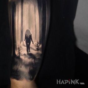 Tattoo Girl in the woods on the forearm motif: 3D