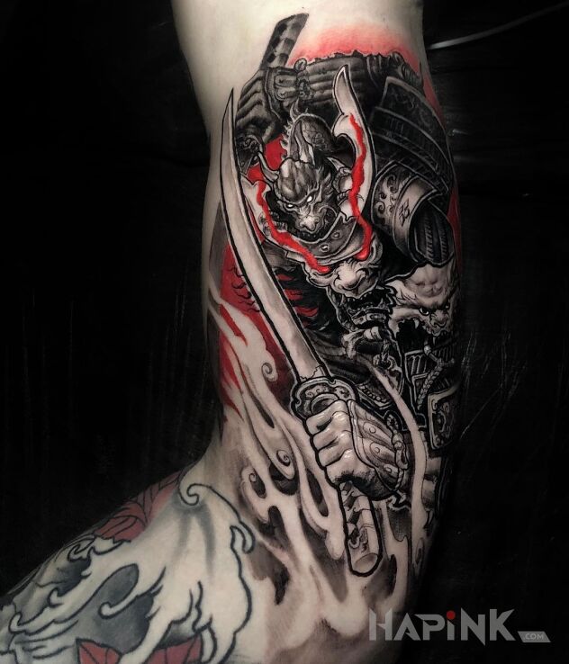 Tattoo Samuraj szykujący sie do ataku in demons motif and graphic / illustrative style on the bicep