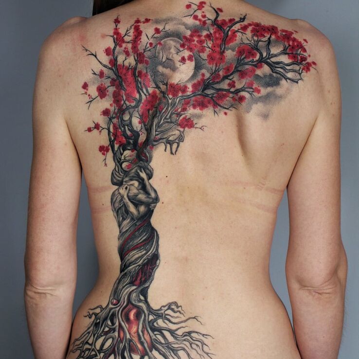 Tatuaż drzewo miłości w motywie kolorowe i stylu surrealistyczne na plecach