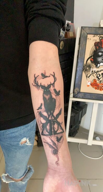 Tattoo Harry Potter in animals motif and graphic / illustrative style on the forearm