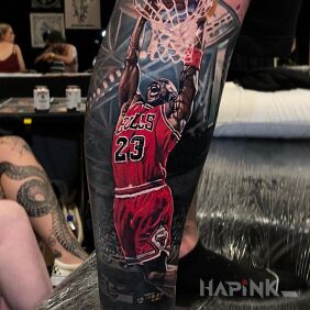 Tattoo Dunk on the leg motif: characters style: realistic