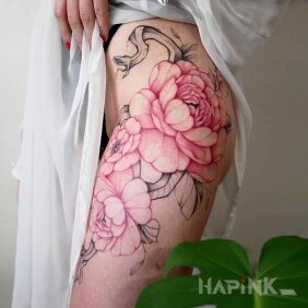 Tattoo Snake and flowers on the hip motif: floral style: graphic / illustrative