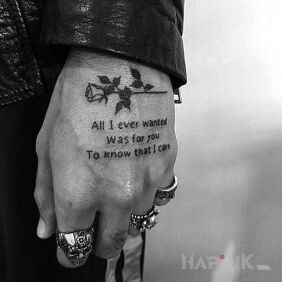 Tattoo Rose and confession on the hand motif: lettering style: graphic / illustrative