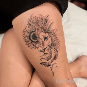 Tattoo Lion with a sunflower on the thigh motif: animals style: graphic / illustrative