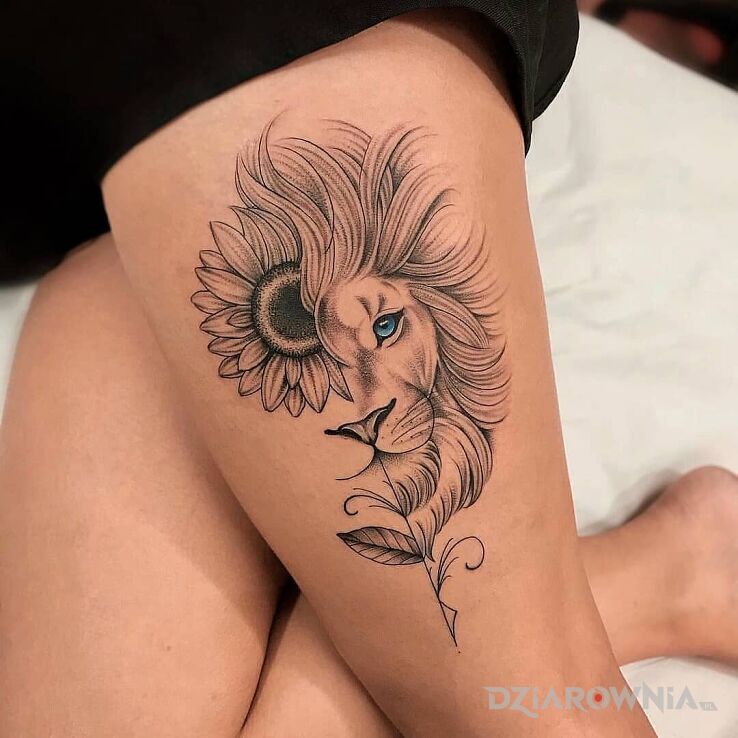 Tatuaż lew ze słonecznikiem w motywie zwierzęta i stylu graficzne / ilustracyjne na udzie