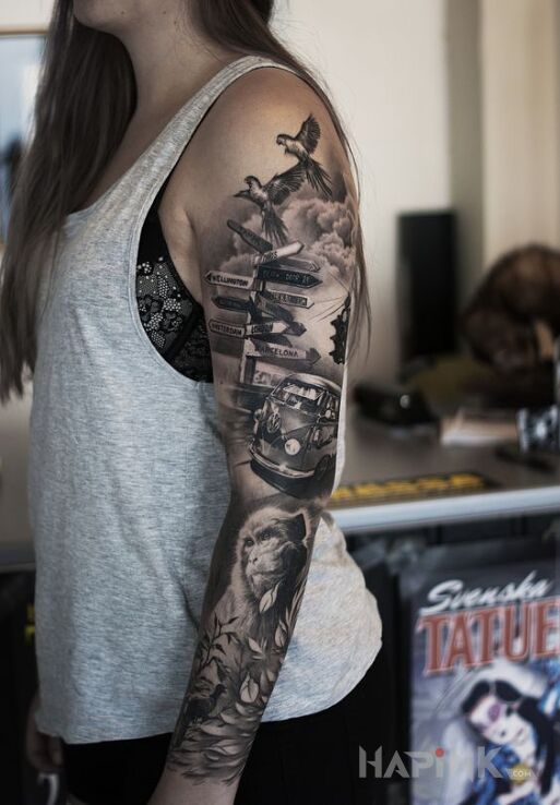 Tattoo Wycieczka in black and gray motif and realistic style On the arm
