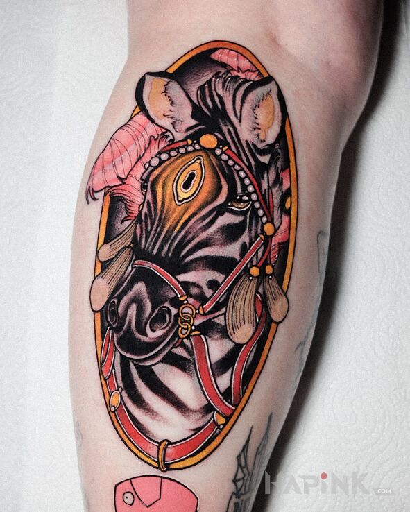 Tattoo Zebra in animals motif and neo-traditional style on the calf