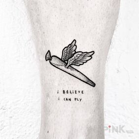 Tattoo Flying skunk on the leg motif: funny style: graphic / illustrative