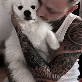 Tattoo The Best friends on the elbow motif: sleeves style: dotwork