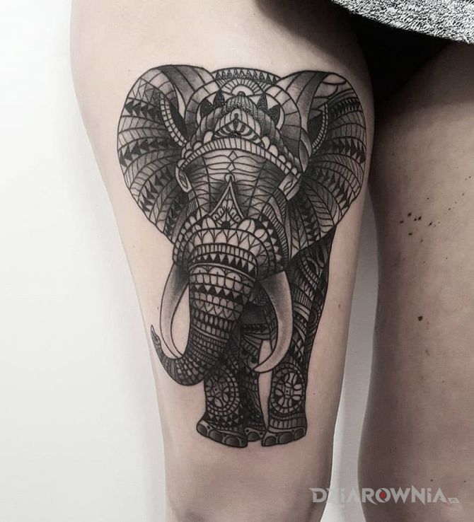 Tatuaż słoń z ornamentów w motywie zwierzęta na nodze