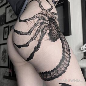 Tatuaż Facehugger na nodze motyw: pozostałe styl: realistyczne