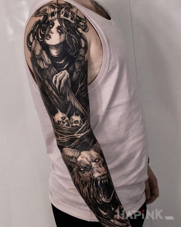 Tattoo Dark queen in sleeves motif and graphic / illustrative style On the arm