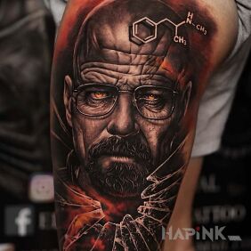 Tattoo Walter White aka Heisenberg on the thigh motif: faces style: realistic