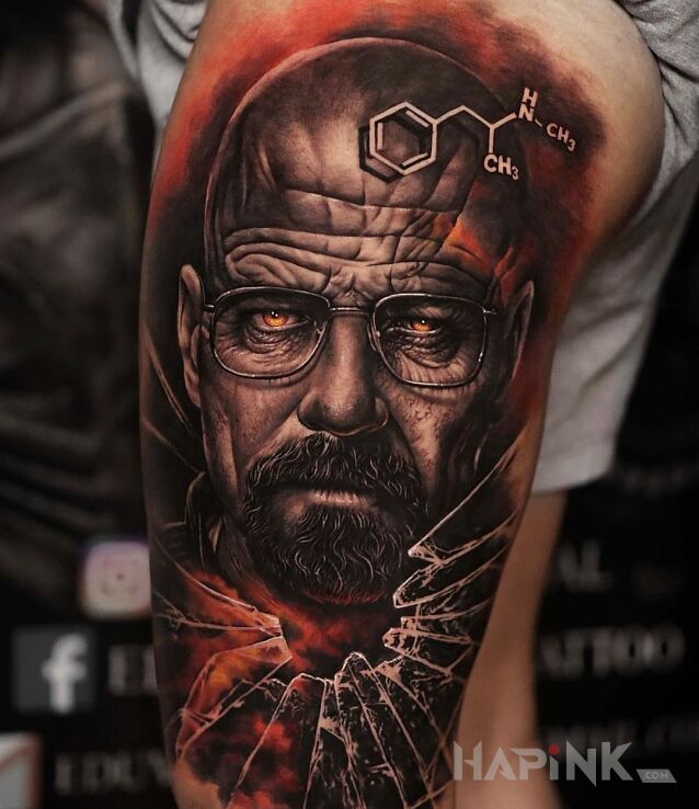 Tattoo Walter White aka Heisnsberg in characters motif and realistic style on the leg