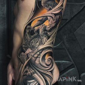 Tattoo Fight with a lion on the ribs motif: 3D style: graphic / illustrative