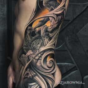 Tatuaż Walka z lwem pod pachą motyw: postacie styl: graficzne / ilustracyjne