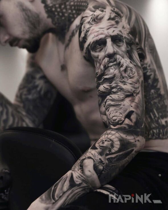 Tattoo Dziad in faces motif and realistic style on the forearm