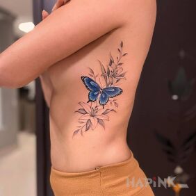 Tattoo Blue on gray on the ribs motif: butterflies style: graphic / illustrative