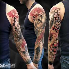 Tattoo Trash Polka Family on the upper arm motif: black and gray style: trash polka