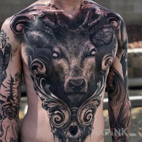 Tattoo Deer on the stomach motif: black and gray style: realistic